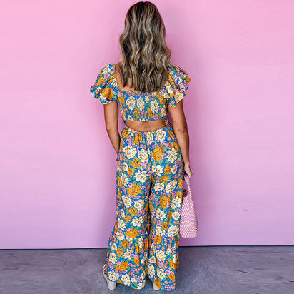 Spring and summer new ruffled jumpsuit women's fashion trend flower print high waist wide leg trousers women