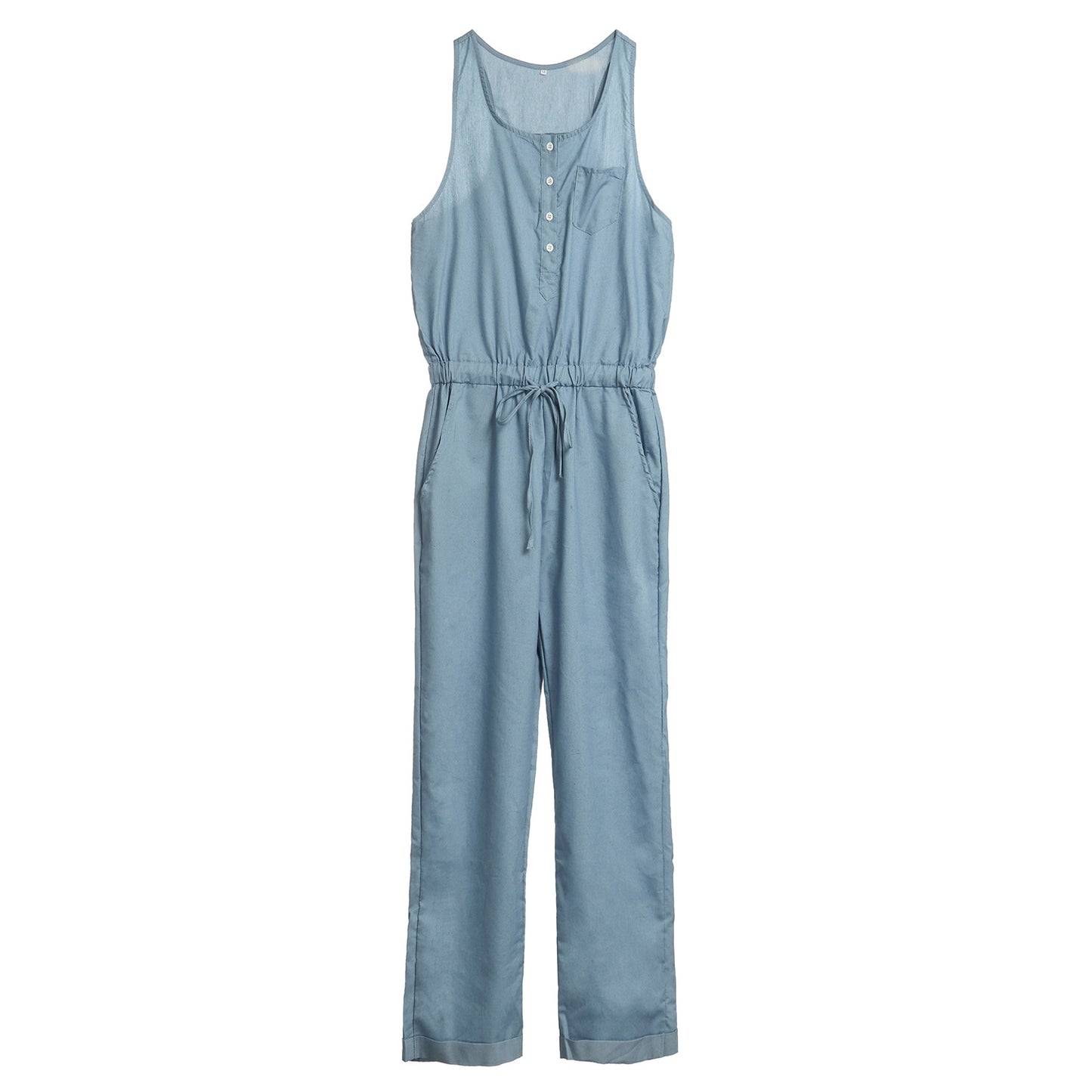 Women's fashionable, form-fitting, casual, cinched-waist vest and denim jumpsuit
