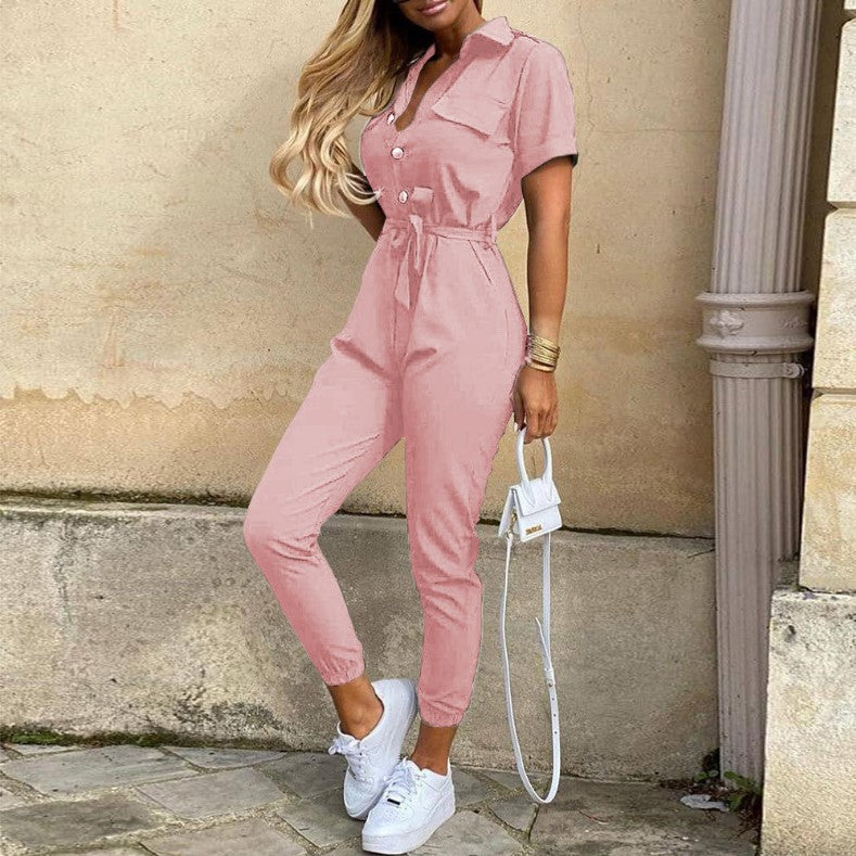 Women's casual lapel printed belt workwear jumpsuit