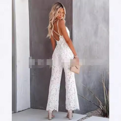 Women's , form-fitting sleeveless halter with backless solid color lace jumpsuit