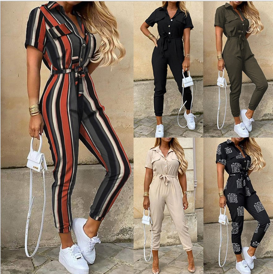 Women's casual lapel printed belt workwear jumpsuit