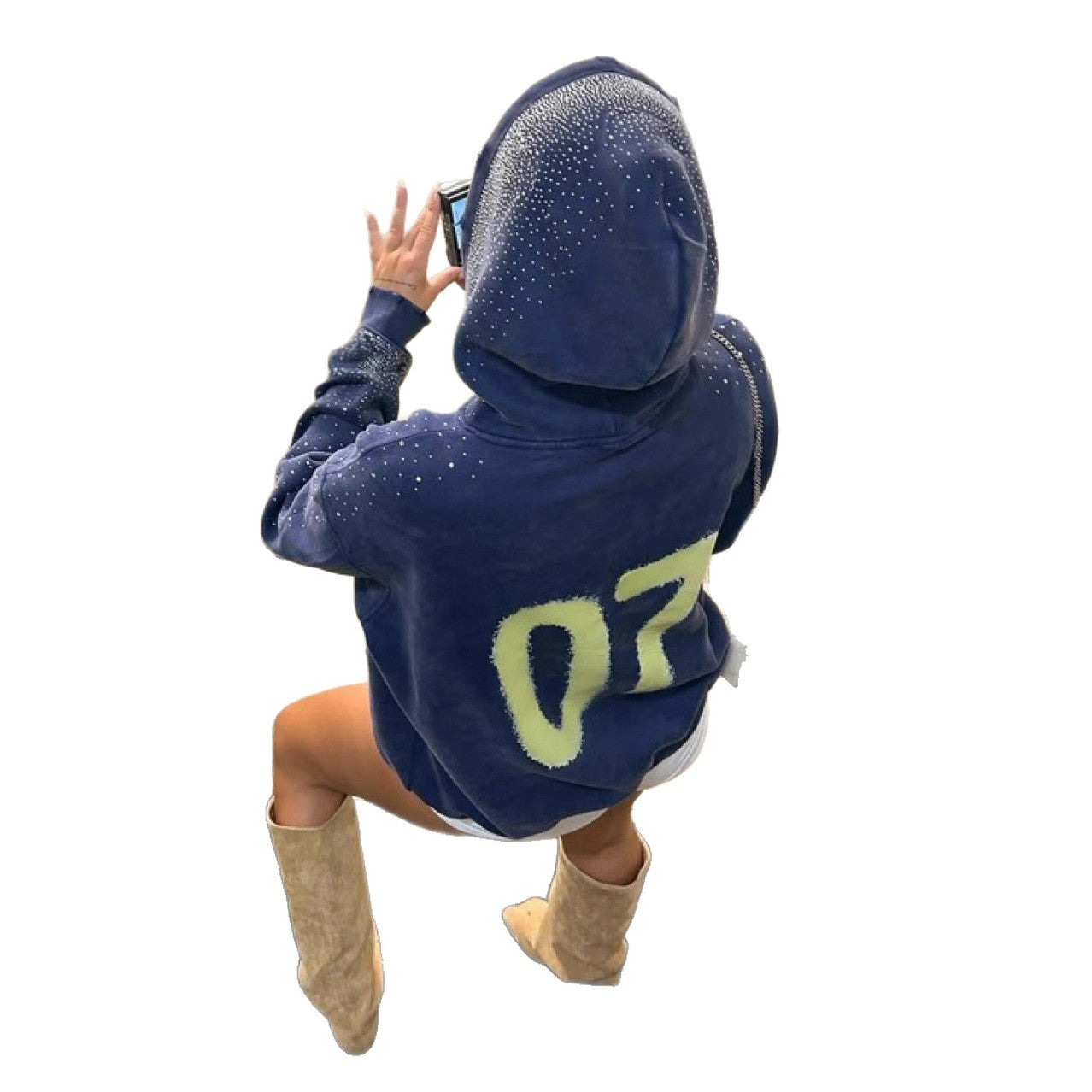 Autumn and winter oversized fleece hooded sweatshirt top, a trendy coat full of diamonds
