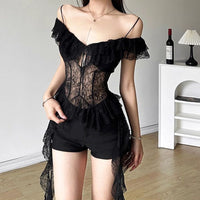 Spicy girl style pure sensual lace patchwork see-through halter top, black fungus lace short top