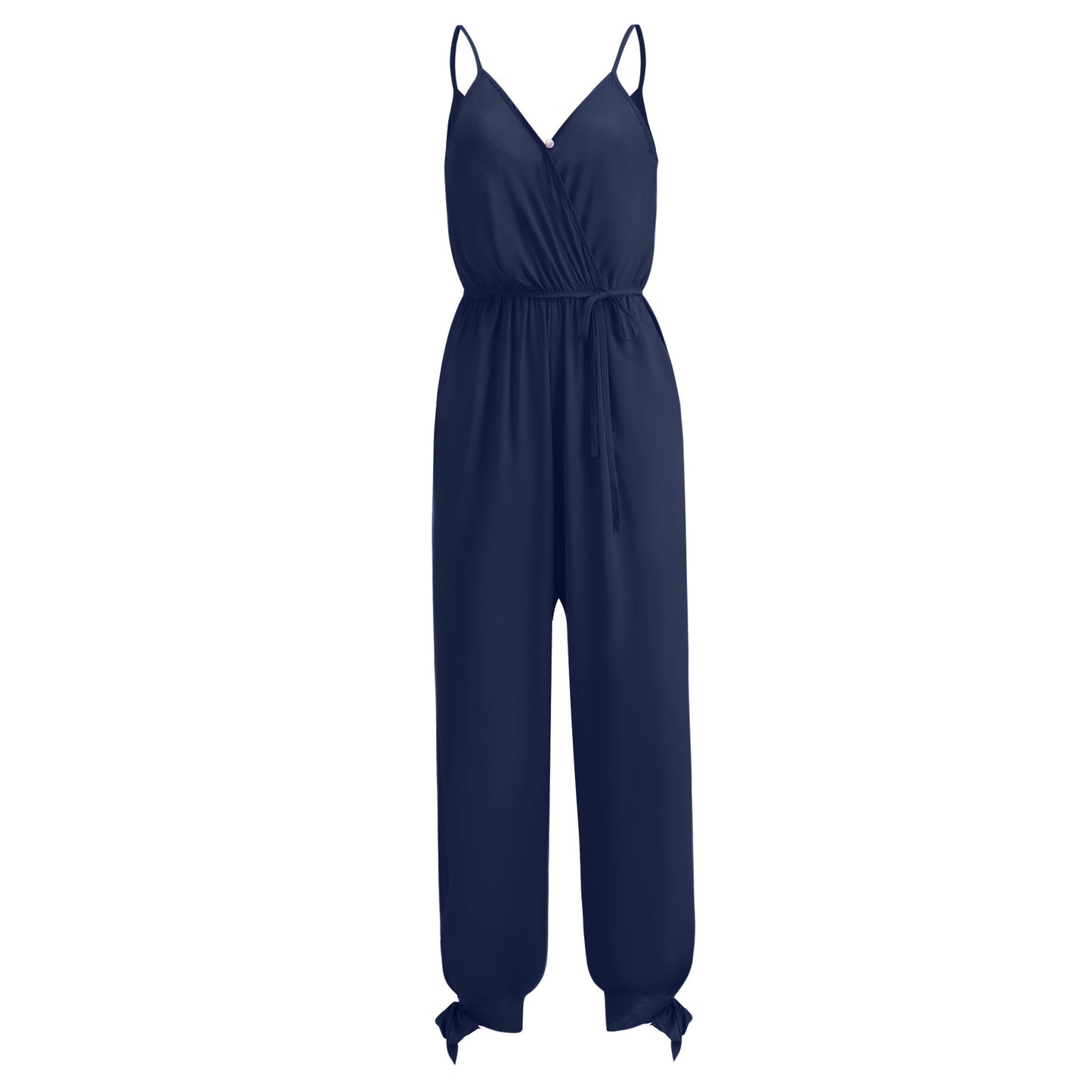 A large quantity of backless drawstring deep V-neck halter long jumpsuits